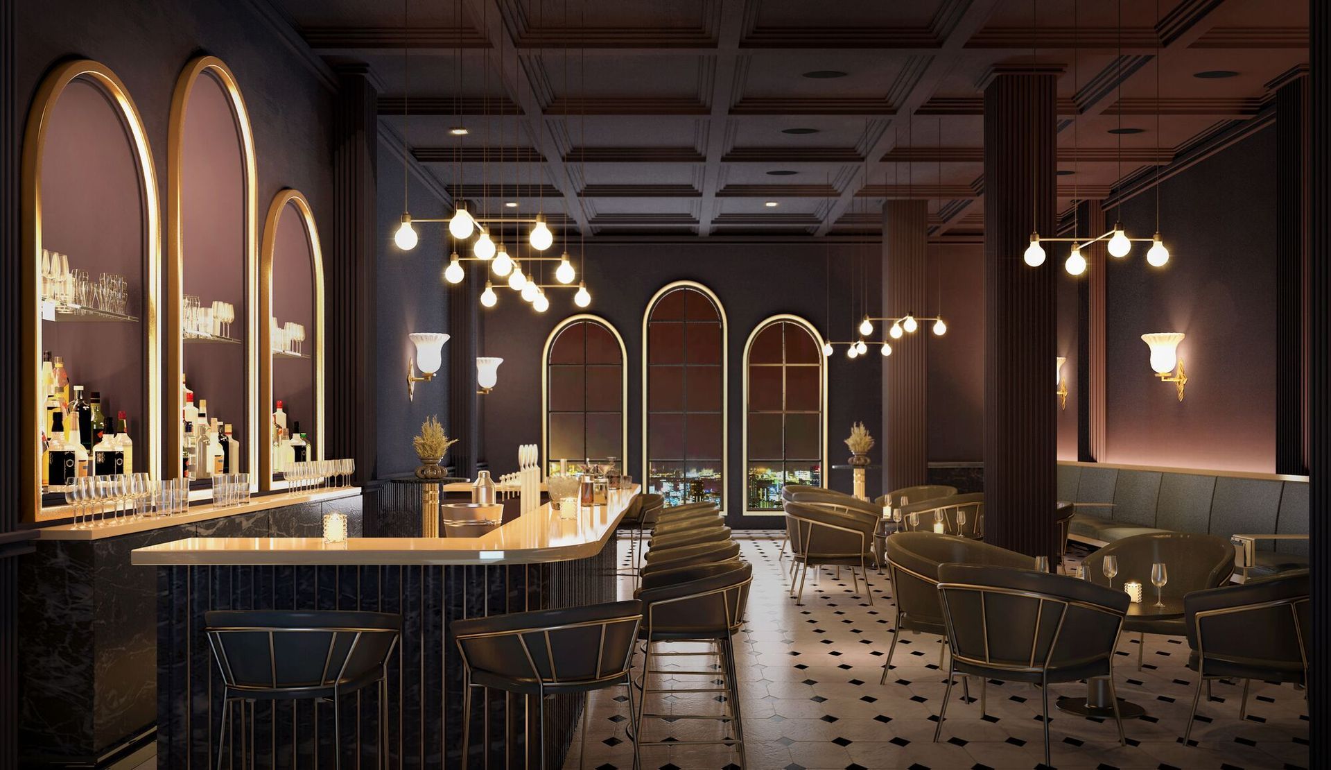 Salle de restaurant avec bar voûté