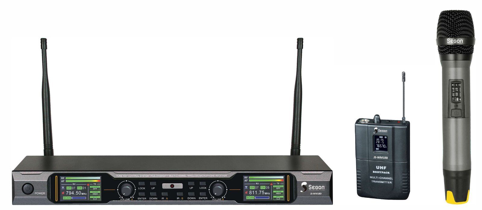 Ensemble UHF double, micro main + boitier émetteur, sync. IR 660-690 JS-WM18D/MIC/BP SEGON